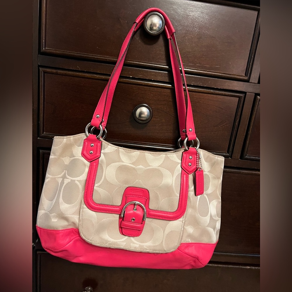 Coach signature fabric with leather base tote